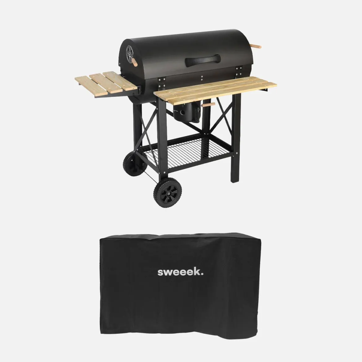 Barbecue a carbone e affumicatore con ruote, ripiani e copertura