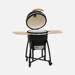 Barbecue a carbone, griglia e affumicatore, ceramica 54,5cm con ruote, ripiani e copertura