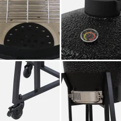 Barbecue a carbone, griglia e affumicatore, ceramica 54,5cm con ruote, ripiani e copertura