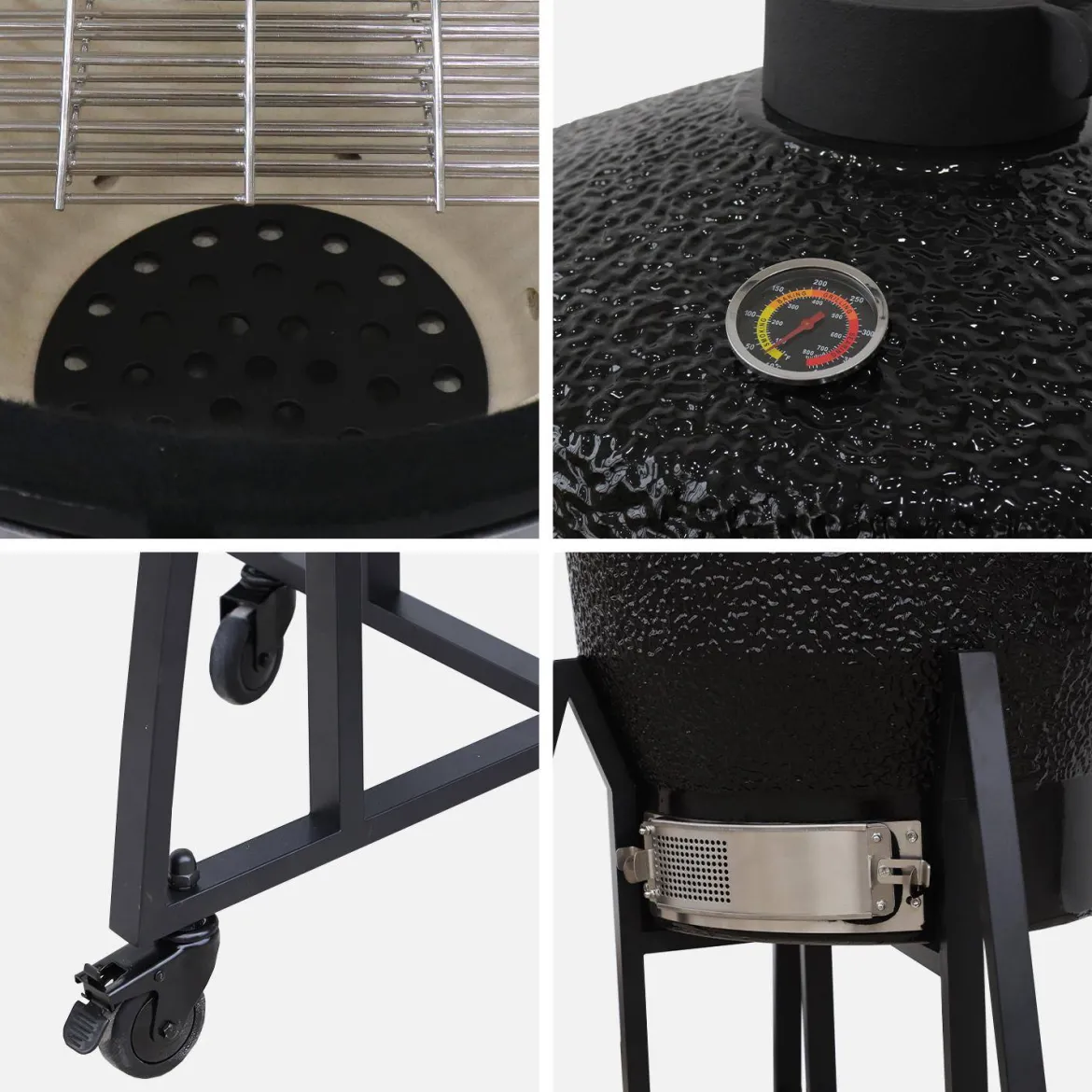 Barbecue a carbone, griglia e affumicatore, ceramica 54,5cm con ruote, ripiani e copertura