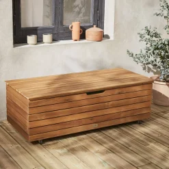 Baule da giardino in legno con rotelle, 110L
