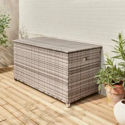 Baule da giardino in resina intrecciata con rotelle e fodera interna, 790L