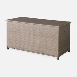 Baule da giardino in resina intrecciata con rotelle e fodera interna, 790L