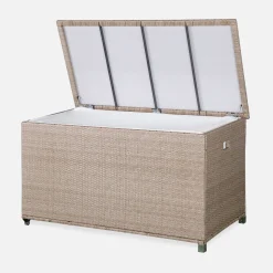 Baule da giardino in resina intrecciata con rotelle e fodera interna, 790L