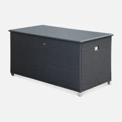 Baule da giardino in resina intrecciata con rotelle e fodera interna, 790L