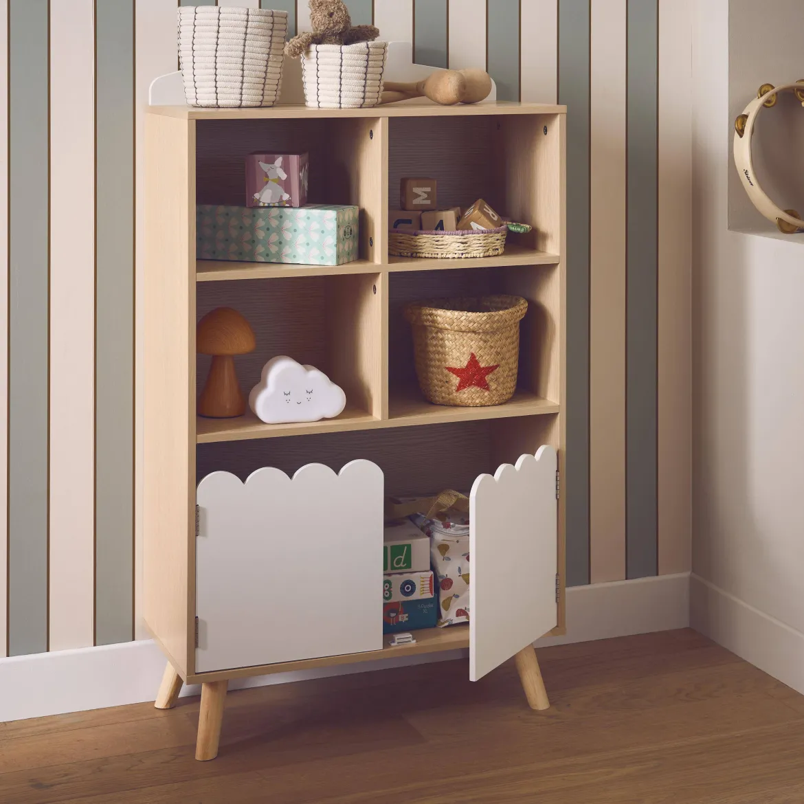 Biblioteca per bambini in legno di pino 2 porte e 4 scaffali