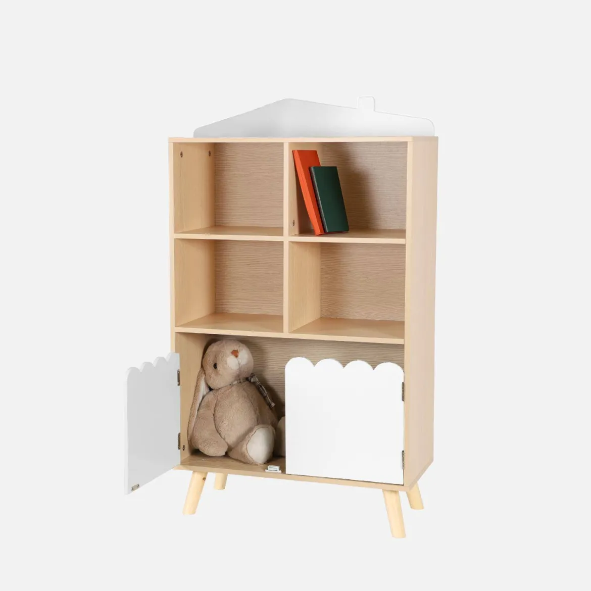 Biblioteca per bambini in legno di pino 2 porte e 4 scaffali
