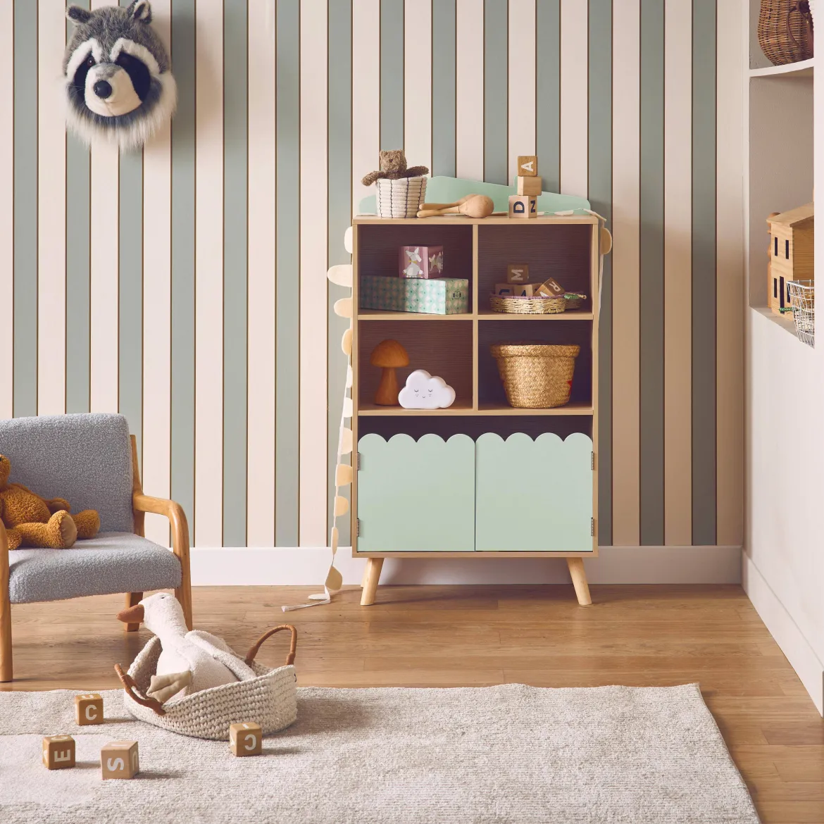 Biblioteca per bambini in legno di pino 2 porte e 4 scaffali