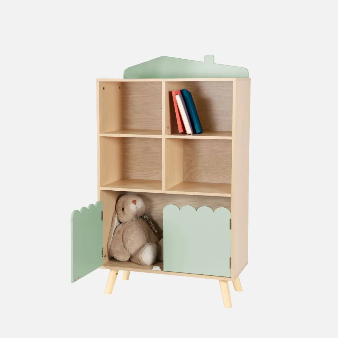 Biblioteca per bambini in legno di pino 2 porte e 4 scaffali