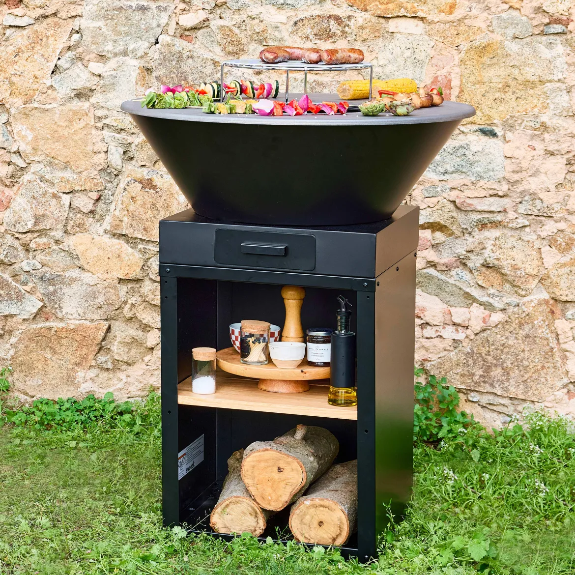 Braciere barbecue con vano portalegna e coperchio, Ø81,5cm