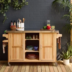Carrello da cucina da esterno in legno con maniglie e 7 vani portaoggetti, 130cm