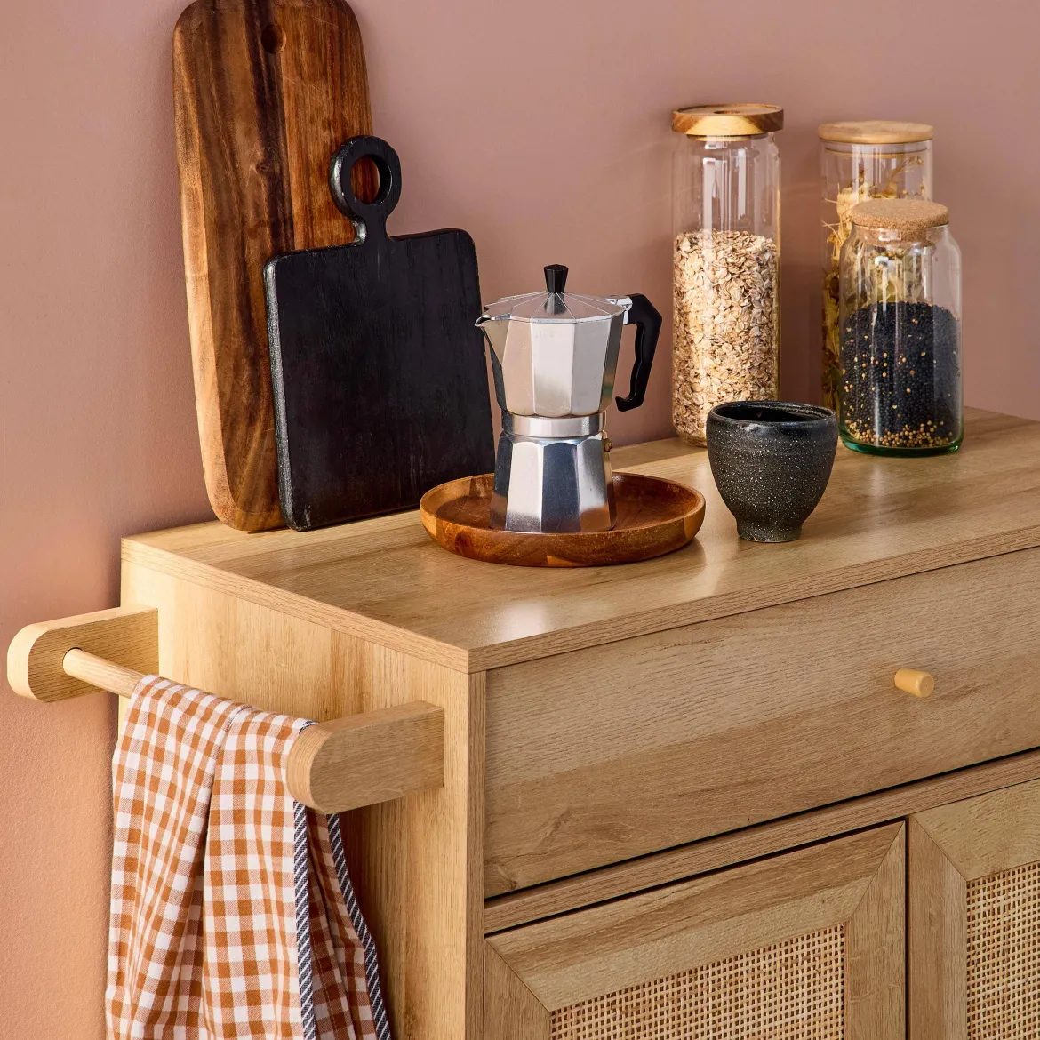 Carrello da cucina decorato in legno con 1 cassetto, 80cm