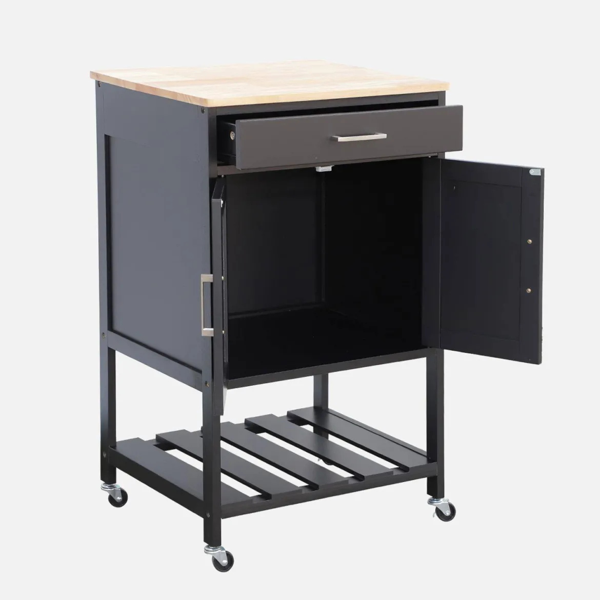 Carrello da cucina in legno di gomma con 2 ripiani, 56cm