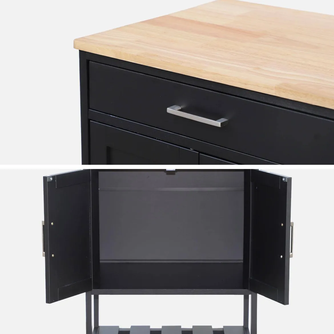 Carrello da cucina in legno di gomma con 2 ripiani, 56cm