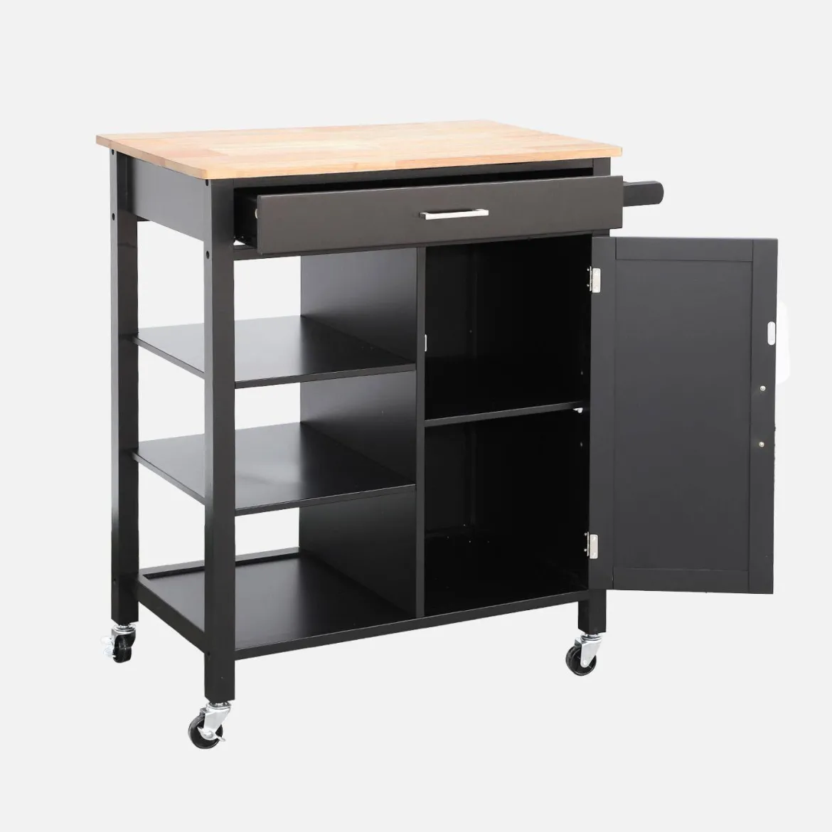 Carrello da cucina in legno di gomma con 5 ripiani, 74cm
