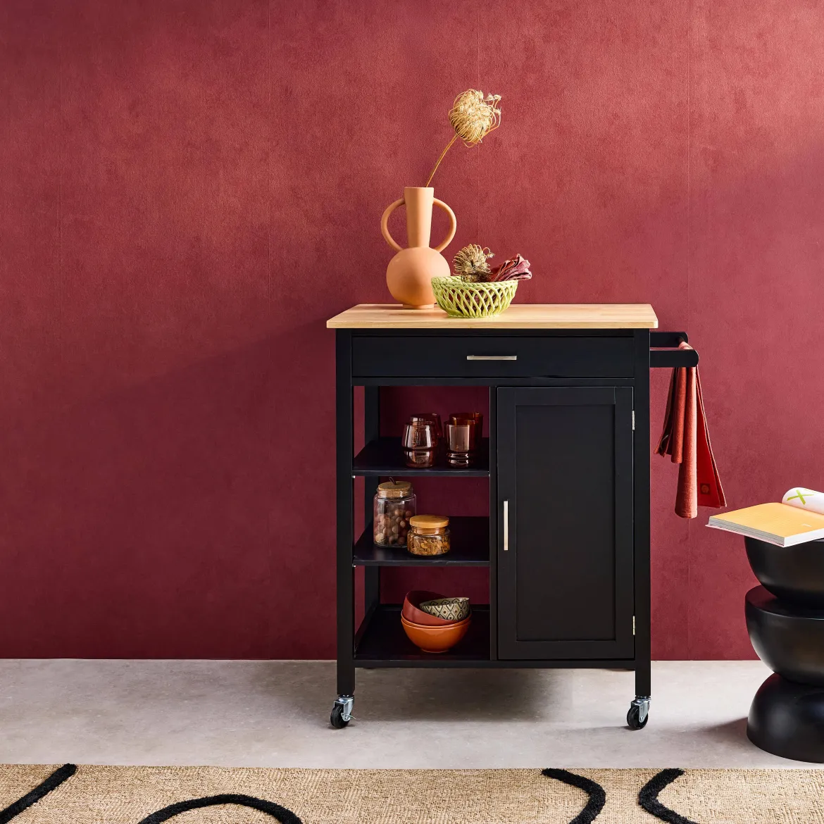 Carrello da cucina in legno di gomma con 5 ripiani, 74cm