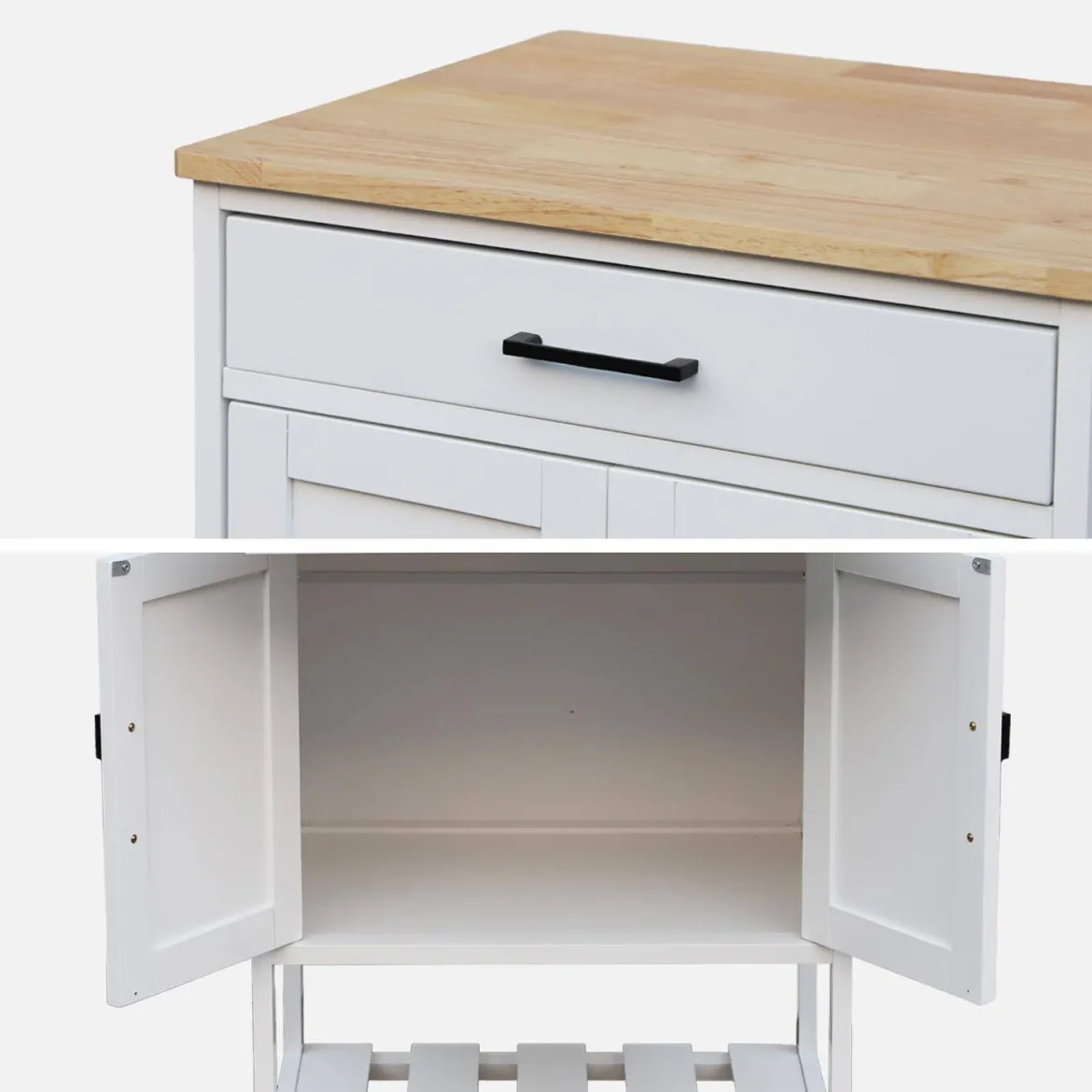 Carrello da cucina in legno di gomma con 2 ripiani, 56cm