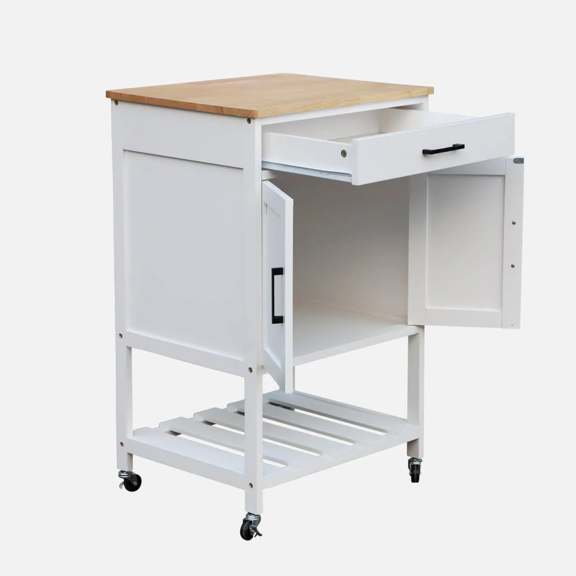 Carrello da cucina in legno di gomma con 2 ripiani, 56cm