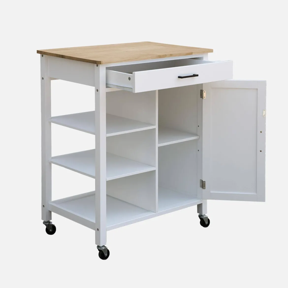 Carrello da cucina in legno di gomma con 5 ripiani, 74cm