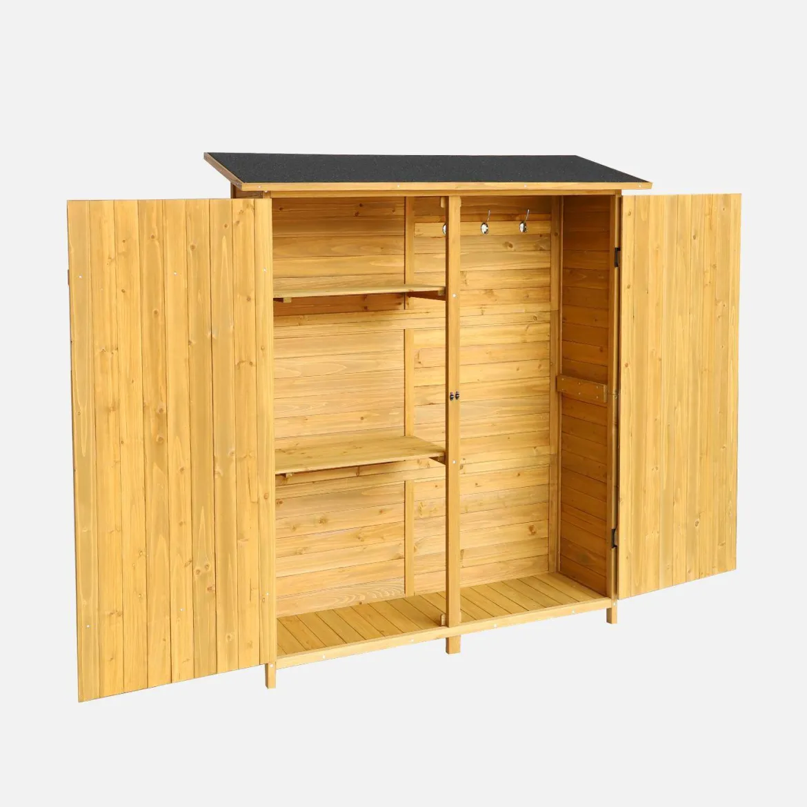 Casetta da giardino in legno d'abete e 4 vani portaoggetti, 140cm