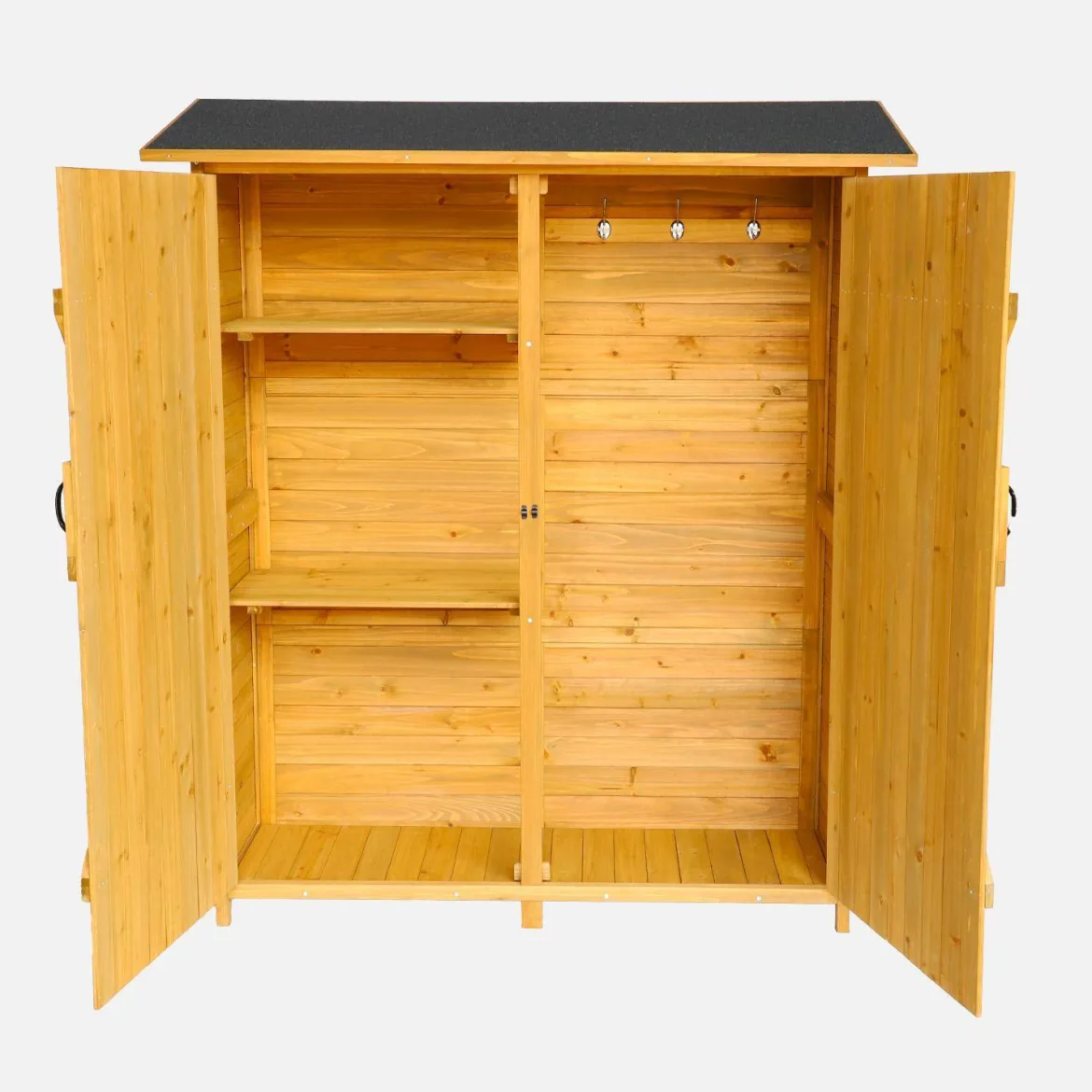 Casetta da giardino in legno d'abete e 4 vani portaoggetti, 140cm
