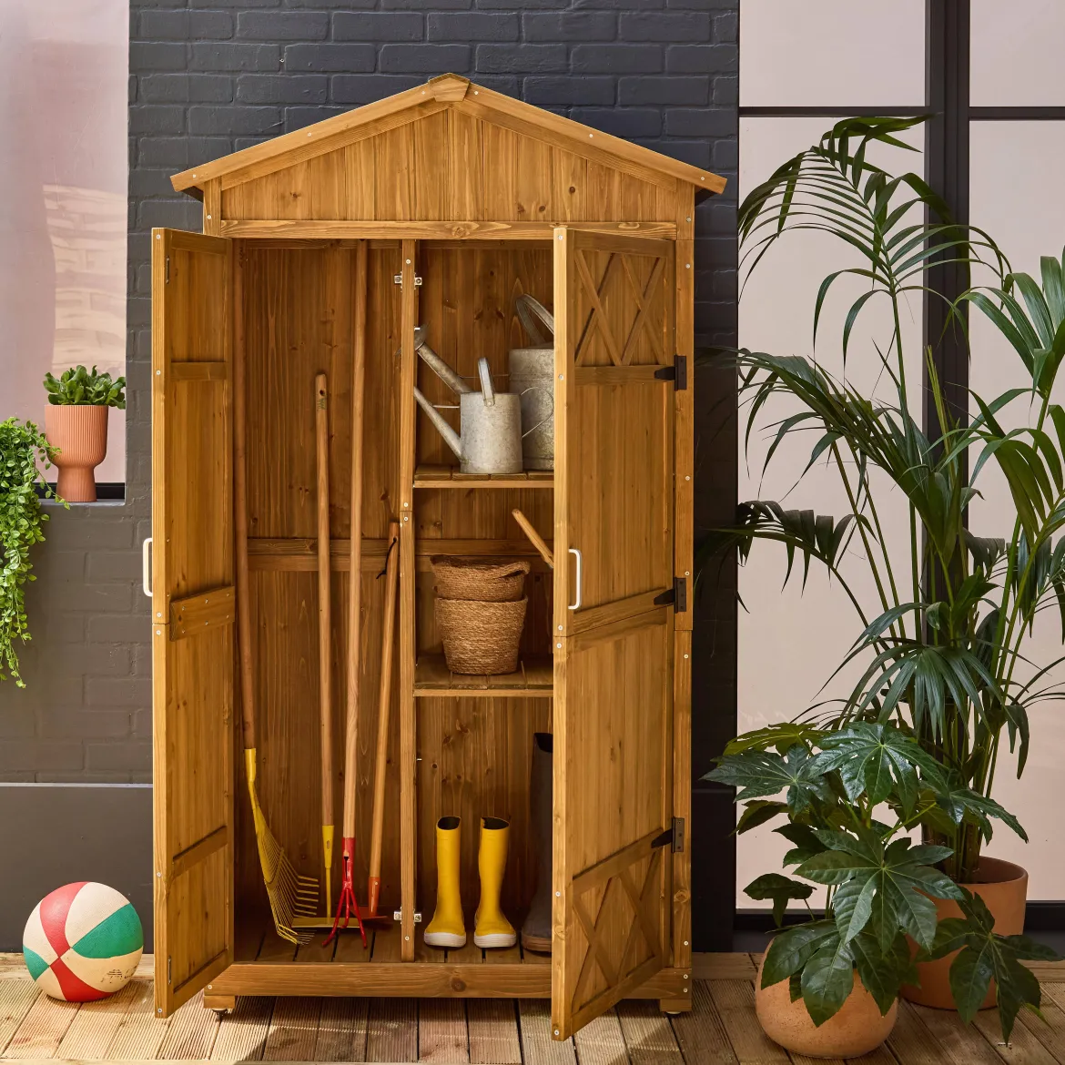 Casetta da giardino in legno d'abete e 6 vani portaoggetti, 105cm