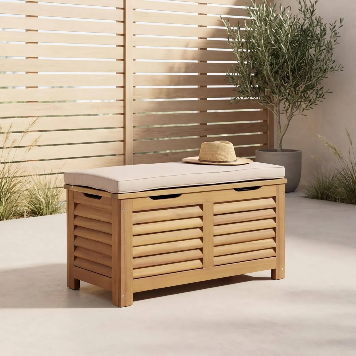 Cassapanca da giardino in legno di acacia con pistoni, 63L