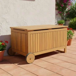 Cassapanca da giardino in legno di acacia con ruote, 119L