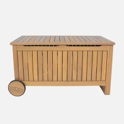Cassapanca da giardino in legno di acacia con ruote, 119L