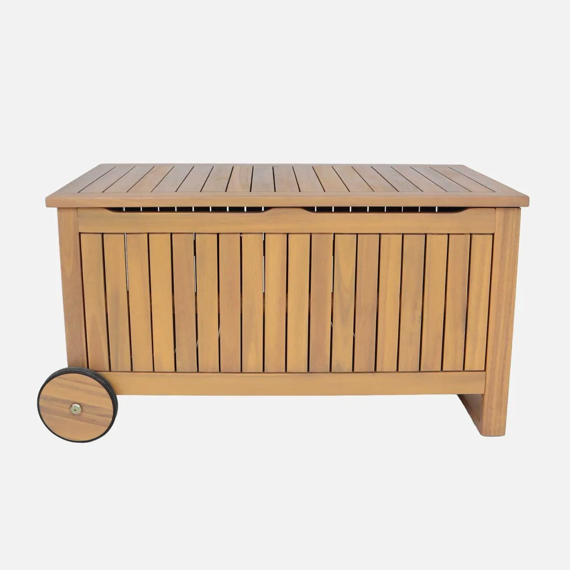 Cassapanca da giardino in legno di acacia con ruote, 119L