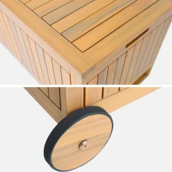 Cassapanca da giardino in legno di acacia con ruote, 119L