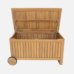Cassapanca da giardino in legno di acacia con ruote, 119L