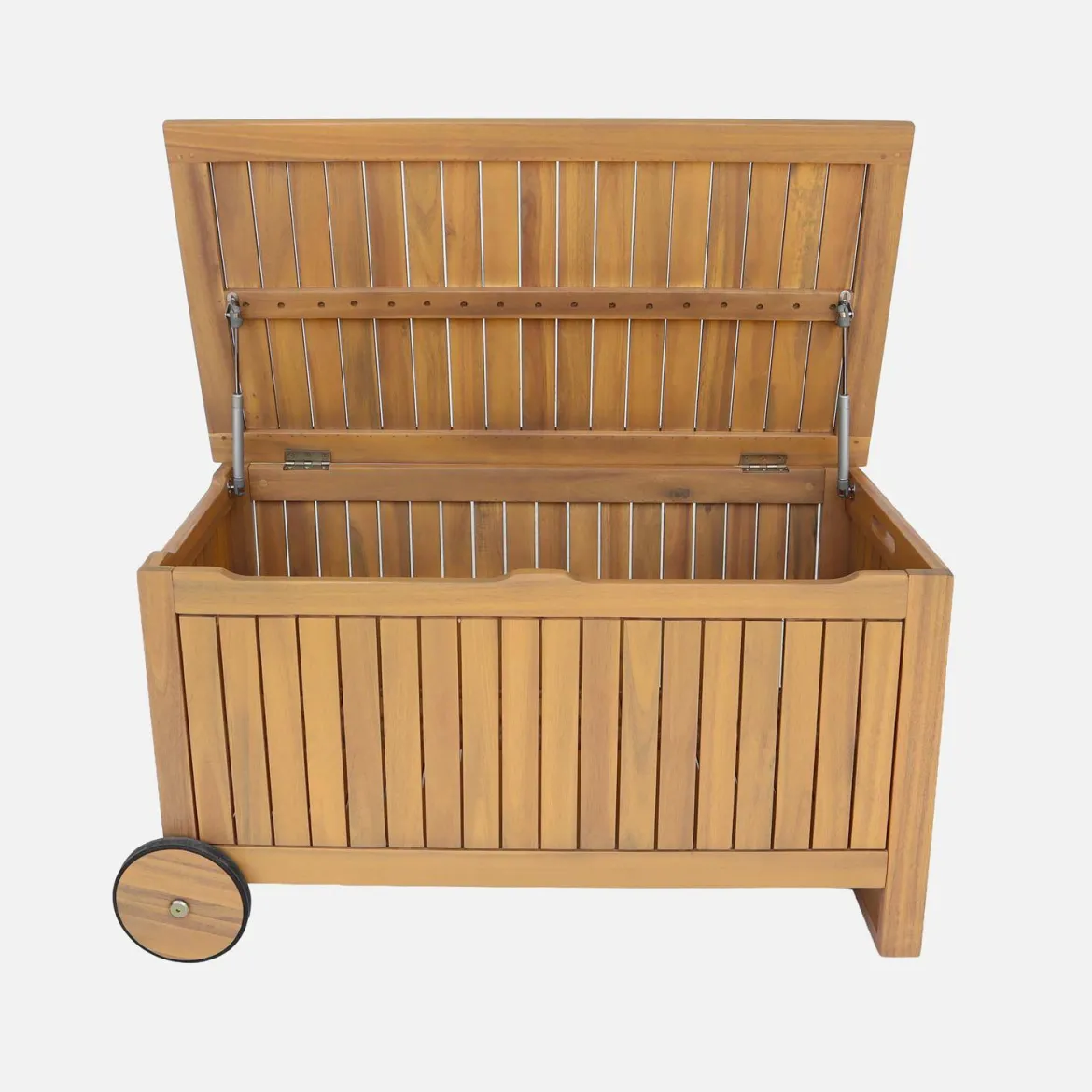 Cassapanca da giardino in legno di acacia con ruote, 119L