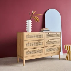 Cassettiera decorativa legno e rattan 6 cassetti