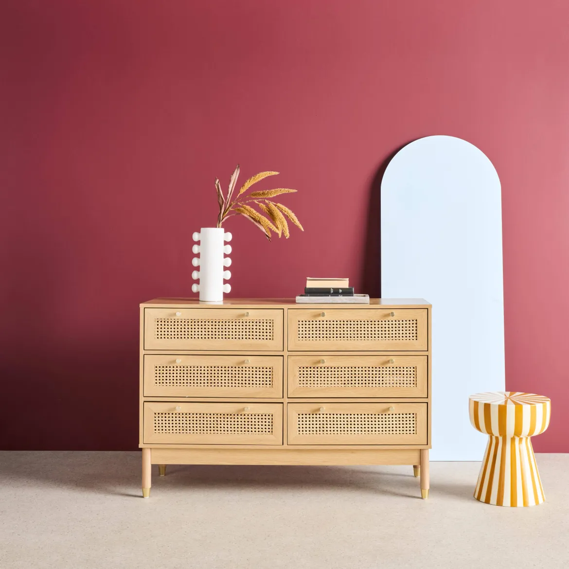 Cassettiera decorativa legno e rattan 6 cassetti