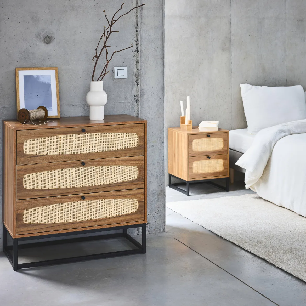Cassettiera effetto legno e canna, 3 cassetti