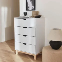 Cassettiera effetto legno con gambe in legno 4 cassetti