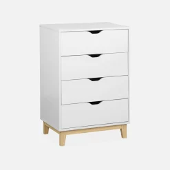 Cassettiera effetto legno con gambe in legno 4 cassetti