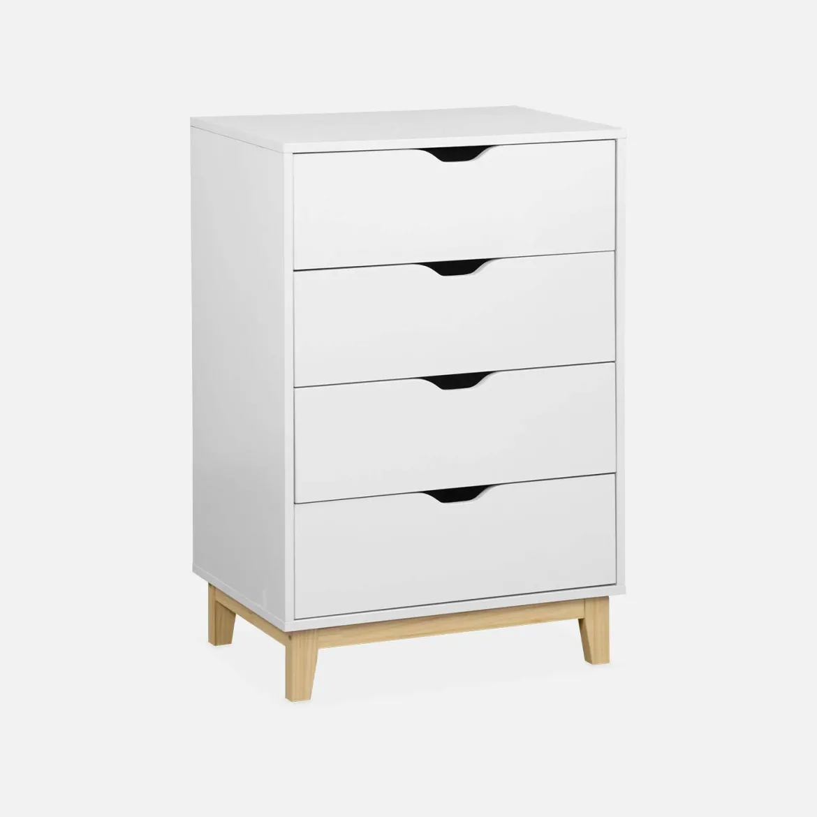 Cassettiera effetto legno con gambe in legno 4 cassetti