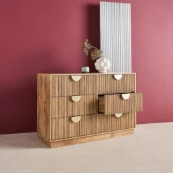 Cassettiera effetto legno di mango scanalata 6 cassetti