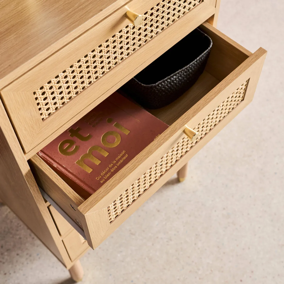 Cassettiera in legno e canna con 4 cassetti