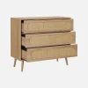 Cassettiera in legno e canna intrecciata, 3 cassetti