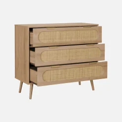 Cassettiera in legno e canna intrecciata, 3 cassetti