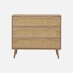Cassettiera in legno e canna intrecciata, 3 cassetti