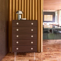 Cassettiera vintage decorata in legno e acciaio inossidabile, 5 cassetti