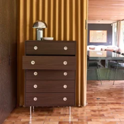 Cassettiera vintage decorata in legno e acciaio inossidabile, 5 cassetti