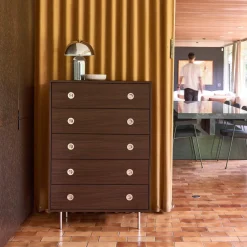 Cassettiera vintage decorata in legno e acciaio inossidabile, 5 cassetti