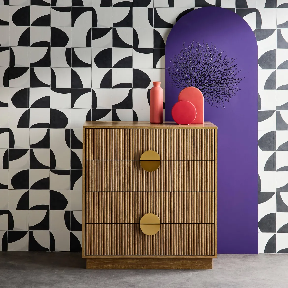 Cassettone con effetto legno di mango a 4 cassetti