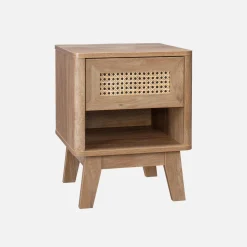 Comodino con cassetto e nicchia, effetto legno e cannage