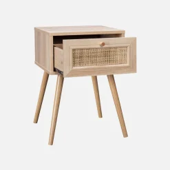 Comodino effetto legno e intrecciatura cannage, 1 cassetto